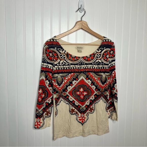 Lucky Brand Top Small Cream Red Blue Floral Embellishing Boho Peasant Spring Tee - Picture 1 of 8